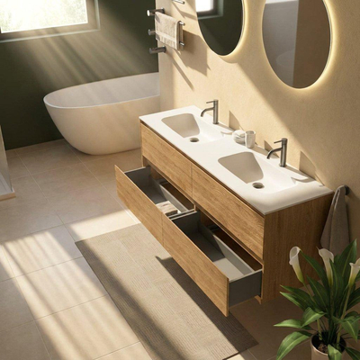 Saniclass Holz Pure Ensemble de meubles de salle de bains - 160x45x61.5cm - Vasque Flow en solid surface blanc - 2 vasques - 2 trous de robinet - 4 tiroirs - chêne natural mat (bois)