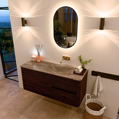 Mondiaz CIRO-DLUX Meuble de salle de bains - 120x45x50cm - Vasque solid surface Oza - 1 lavabo à droite - sans trous de robinet - 2 tiroirs - Noyer