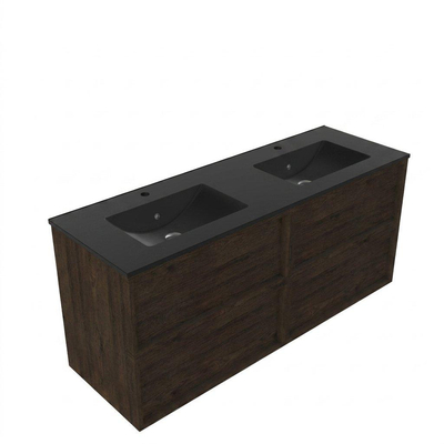 Saniclass Holz Frame Ensemble de meubles de salle de bains - 140x45x62cm - Vasque Vygo en céramique noire - 2 vasques - 2 trous de robinetterie - 4 tiroirs - chêne charcoal mat (bois)