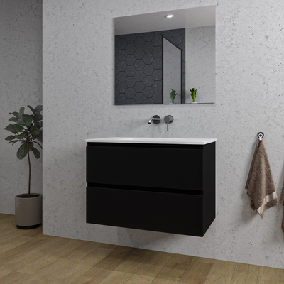 Saniclass Chaci Meuble de salle de bain - 80x46x55cm - lavabo en céramique blanc - 1 vasque - sans trous de robinet - 2 tiroirs - miroir rectangulaire - noir mat