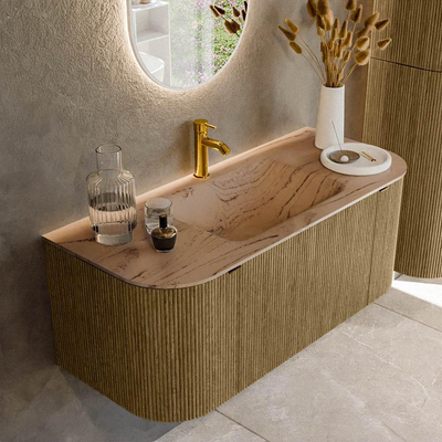 MONDIAZ KURVE-DLUX Meuble de salle de bains 110cm arrondi Gauche + Droite couleur Dusk avec 1 tiroir et 2 portes. Lavabo CLOUD Central 1 trou de robinet Arena.