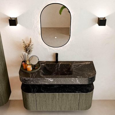 MONDIAZ THOR-DLUX 120cm badmeubel ronding links + rechts kleur Shadow met 1 lade en 2 deuren. Vrijhangende wastafel CLOUD Midden 1 kraangat kleur Lava.