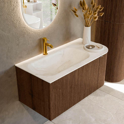 MONDIAZ KURVE-DLUX 95cm badmeubel met module 25 R kleur Walnut met 1 lade en 1 deur. Wastafel BIG SMALL links 1 kraangat kleur Ostra.