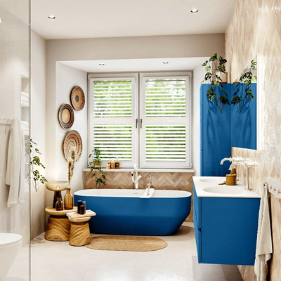 Mondiaz VICA ensemble de meuble de salle de bain - 140cm - meuble sous-vasque jeans - 2 tiroirs - lavabo moon double - 2 trous de robinet - couleur talc - miroir LED - version XL 60cm de haut