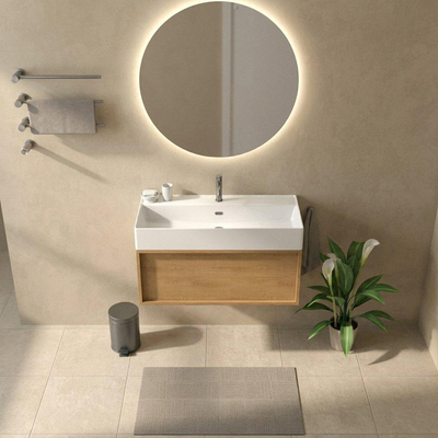 Saniclass Holz Frame Ensemble de meubles de salle de bains - 100x45x52cm - lavabo Legend en céramique blanc - 1 vasque - 1 trou de robinet - 1 tiroir - chêne naturel mat (bois)