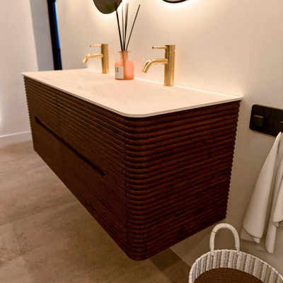 Mondiaz CIRO-DLUX Badkamermeubelset - 130x45x50cm - Solid surface wastafel Meli - 2 wasbak Dubbel - 2 kraangaten - 4 lades - Ruby