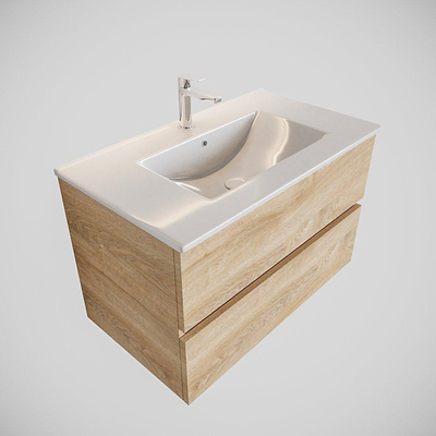 Mondiaz VICA Meuble Washed oak avec 2 tiroirs 80x50x45cm vasque lavabo Denia centre 1 trou de robinet