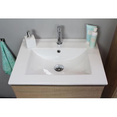 Basic Line Bella Ensemble meuble de salle de bains - 60x55x46cm - 1 lavabo - Céramique - Blanc - 1 trou de robinet - Sans miroir - MDF Chêne