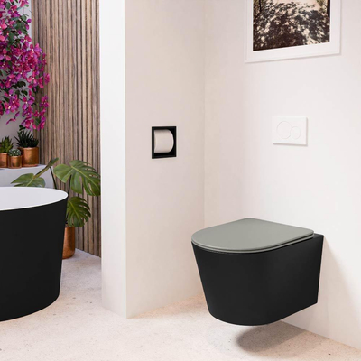 Mondiaz LAVIE hangtoilet – spoelrandloos – 36 x 53 cm – met softclose zitting – Urban (zwart), zitting Smoke (lichtbruin)