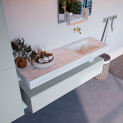 Mondiaz ALAN-DLUX Ensemble de meuble - 150cm - meuble Clay mat - 1 tiroir - Lavabo Cloud Opalo suspendu - vasque Droite - 0 trous de robinet