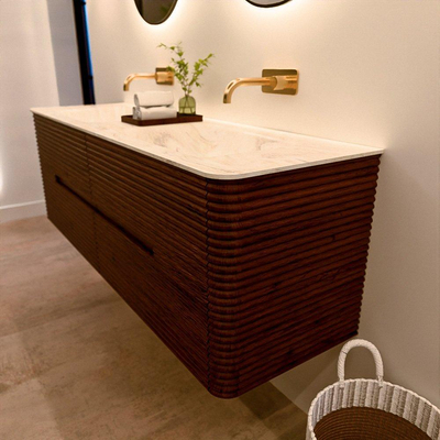 Mondiaz CIRO-DLUX Badkamermeubelset - 150x45x50cm - Solid surface wastafel Ostra - 2 wasbak Dubbel - zonder kraangaten - 4 lades - Ruby