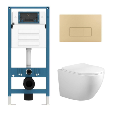 Adema Salina 2.0 Toiletset - 48.5x36x32cm - diepspoel - spoelrandloos - QeramiQ inbouwreservoir - softclose - quickrelease - toiletzitting - beige kunststof bedieningsplaat - rechthoekige knoppen - wit