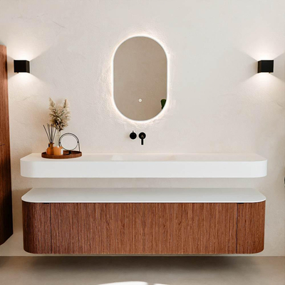 MONDIAZ THOR Meuble de salle de bains 190cm arrondi gauche + droite couleur Ruby avec 2 tiroirs et 2 portes. Vasque suspendue CLOUD Milieu sans trou de robinet couleur Talc.