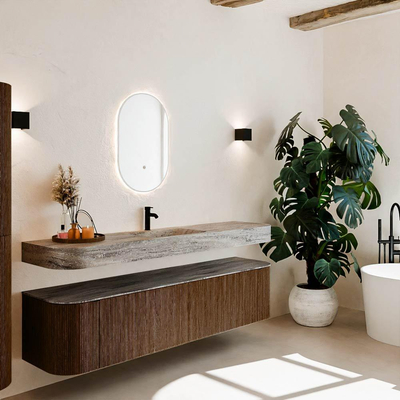 MONDIAZ THOR-DLUX Meuble de salle de bains 190cm arrondi gauche + droite couleur Walnut avec 2 tiroirs et 2 portes. Vasque suspendue CLOUD Milieu 1 trou de robinet couleur Oza.