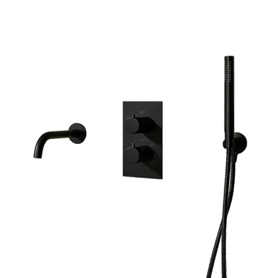 Fortifura Calvi Ensemble de robinet de baignoire - bec - 22cm réductible - flexible en métal - douchette à main - partie encastrable - support mural - noir mat