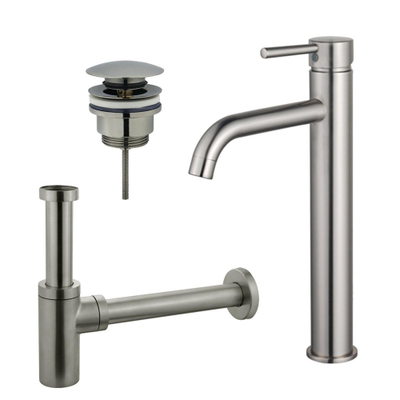 FugaFlow Eccelente Sobrado Kit mitigeur lavabo - robinet rehaussé - bonde clic clac - siphon design - PVD Inox brossé