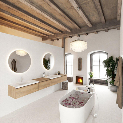 MONDIAZ BUKLA 280cm badmeubel met module 60 links kleur Washed Oak met 4 lades. Wastafel CLOUD dubbel 2 kraangaten kleur Talc.