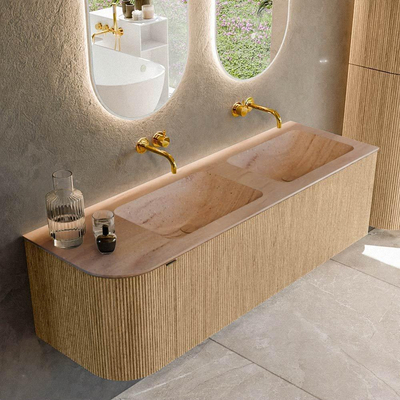 MONDIAZ KURVE-DLUX 145cm badmeubel ronding Links kleur Oak met 1 lade en 1 deur. Wastafel LEAF Dubbel / Rechts zonder kraangat Saba.