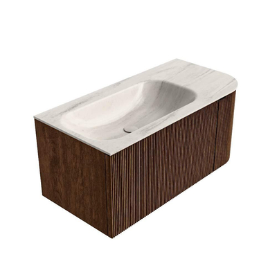 MONDIAZ KURVE-DLUX 95cm badmeubel ronding Rechts kleur Walnut met 1 lade en 1 deur. Wastafel BIG SMALL Links zonder kraangat Meli.