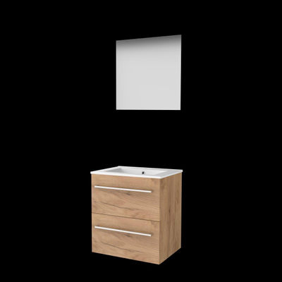 Basic-Line Ultimate 46 ensemble de meubles de salle de bain 60x46cm avec poignées 2 tiroirs lavabo en porcelaine 1 trou de robinetterie miroir éclairage mfc whisky oak