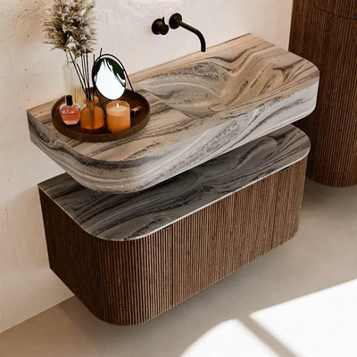 MONDIAZ THOR-DLUX 100cm badmeubel ronding links + rechts kleur Walnut met 1 lade en 2 deuren. Vrijhangende wastafel CLOUD Rechts zonder kraangat kleur Sombra.