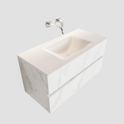 ENSEMBLE DE MEUBLE MONDIAZ VICA - 100cm - 2 tiroirs - lavabo Cloud central - 0 trous de robinet - solid surface marbre Carrara