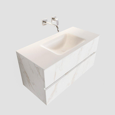 MONDIAZ VICA Badkamermeubelset - 100cm - 2 lades - wasbak Cloud midden - 0 kraangaten - solid surface carrara marmer