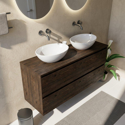 Saniclass Holz Pure Ensemble de meubles de salle de bains - 140x45x62cm - plan de travail en bois - sans trou de robinet - 4 tiroirs - chêne charcoal mat (bois)