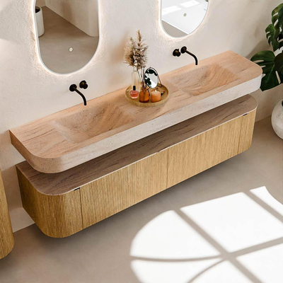 MONDIAZ THOR-DLUX 200cm meuble de salle de bains arrondi gauche + droite couleur Oak avec 2 tiroirs et 2 portes. Vasque suspendue CLOUD Double sans trou de robinet couleur Saba.