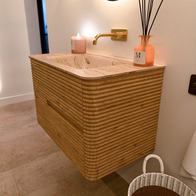 Mondiaz CIRO-DLUX Badkamermeubelset - 80x45x50cm - Solid surface wastafel Arena - 1 wasbak Midden - zonder kraangaten - 2 lades - Oak