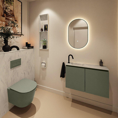MONDIAZ TURE-DLUX Meuble de toilettes 80 cm Army. EDEN lavabo Opalo position gauche. Avec 1 trou de robinet.