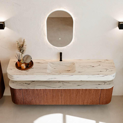 MONDIAZ THOR-DLUX Meuble de salle de bains 190cm arrondi gauche + droite couleur Ruby avec 2 tiroirs et 2 portes. Vasque suspendue CLOUD Milieu 1 trou de robinet couleur Nata.