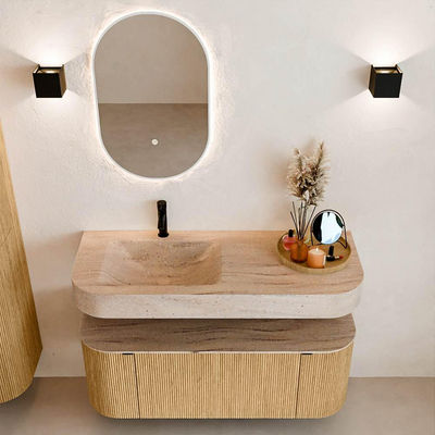 MONDIAZ THOR-DLUX 120cm meuble de salle de bains arrondi gauche + droite couleur Oak avec 1 tiroir et 2 portes. Vasque suspendue CLOUD Gauche 1 trou de robinet couleur Saba.