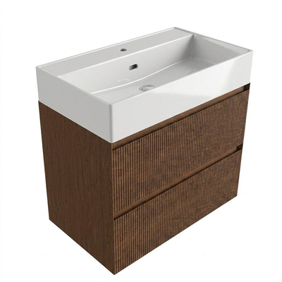 Saniclass Holz Atelier Ensemble meuble de salle de bains - 80x45x72cm - Legend lavabo en céramique blanc - 1 vasque - 1 trou de robinet - 2 tiroirs - mat walnut pure (bois)