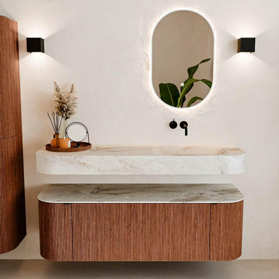 MONDIAZ THOR-DLUX 140cm meuble de salle de bains arrondi gauche + droite couleur Ruby avec 1 tiroir et 2 portes. Vasque suspendue CLOUD Droite sans trou de robinet couleur Frappe.