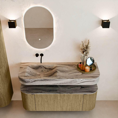 MONDIAZ THOR-DLUX Meuble de salle de bains 130cm arrondi gauche + droite couleur Dusk avec 1 tiroir et 2 portes. Vasque suspendue CLOUD Gauche sans trou de robinet couleur Sombra.