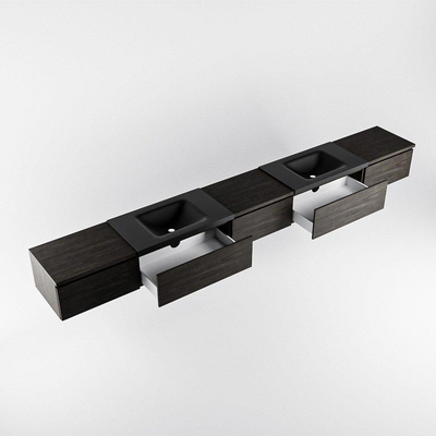 MONDIAZ BUKLA 340cm ensemble de meuble avec module 60 couleur Marron Foncé avec 5 tiroirs. Lavabo CLOUD double 2 trous de robinet couleur Urban.