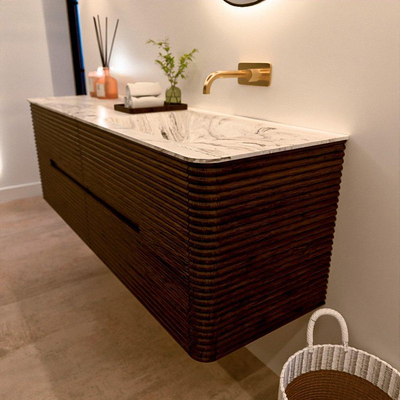 Mondiaz CIRO-DLUX Ensemble de meubles de salle de bains - 150x45x50cm - Plan vasque solid surface Glace - 1 lavabo à droite - sans trous de robinet - 4 tiroirs - Noyer