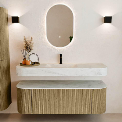 MONDIAZ THOR-DLUX 140cm meuble de salle de bains arrondi gauche + droite couleur Dusk avec 1 tiroir et 2 portes. Vasque suspendue CLOUD Milieu 1 trou de robinet couleur Opalo.