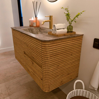 Mondiaz CIRO-DLUX Badkamermeubelset - 100x45x50cm - Solid surface wastafel Oza - 1 wasbak Midden - 1 kraangat - 2 lades - Oak