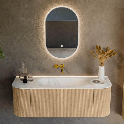 MONDIAZ KURVE 130cm badmeubel met module 25 Len R kleur Oak met 1 lade en 2 deuren. Wastafel BIG SMALL midden zonder kraangat Talc.