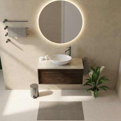 Saniclass Holz Frame Ensemble meuble de salle de bains - 100x45x43cm - Plan en pierre naturelle travertin - 1 trou de robinet - 1 tiroir - chêne charcoal mat (bois)