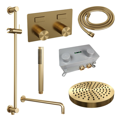 BRAUER Stripe Douche de tête thermostatique encastrée - boutons-poussoirs - pomme de douche 25cm - bras mural courbé - douchette à main sur barre - flexible de douche - barre coulissante intégrée - PVD doré brossé