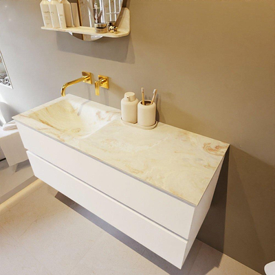 Mondiaz VICA-DLUX ensemble de meuble de salle de bain - 120cm - meuble sous lavabo talc - 2 tiroirs - lavabo encastré cloud gauche - sans trous de robinet - version haute de 60cm - frape