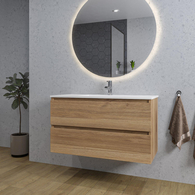 Saniclass Chaci Ensemble meuble de salle de bains - 100x46x55cm - lavabo en céramique blanc - 1 vasque - 1 trou de robinet - 2 tiroirs - miroir rond avec éclairage - chêne