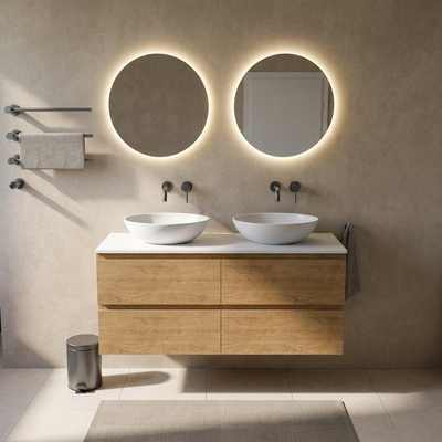 Saniclass Holz Pure Ensemble de meuble de salle de bains - 140x45x62.5cm - plan de toilette Torino en solid surface blanc - sans trou de robinet - 4 tiroirs - chêne natural mat (bois)