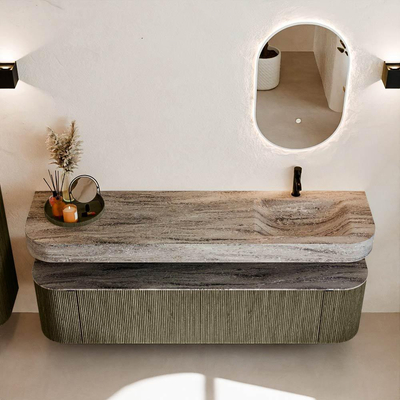 MONDIAZ THOR-DLUX 180cm meuble de salle de bains arrondi gauche + droite couleur Shadow avec 2 tiroirs et 2 portes. Vasque suspendue CLOUD Droite 1 trou de robinet couleur Oza.