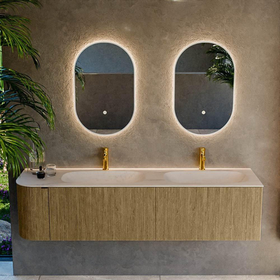MONDIAZ KURVE-DLUX 175cm meuble de salle de bains arrondi gauche couleur Dusk avec 2 tiroirs et 1 porte. Lavabo STOR SMALL Double / Droite 2 trous de robinet Meli.