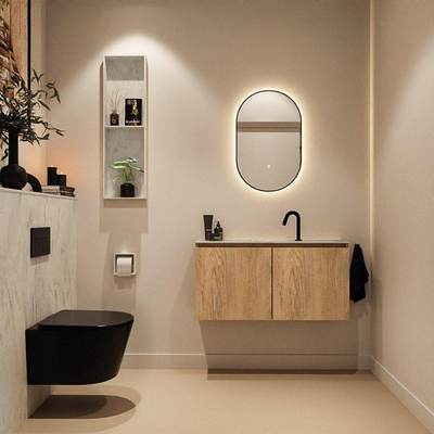 MONDIAZ TURE-DLUX Meuble toilette - 100cm - Washed Oak - EDEN - vasque Opalo - position centrale - 1 trou de robinet