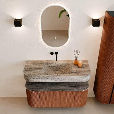 MONDIAZ THOR-DLUX 110cm meuble de salle de bains arrondi gauche + droite couleur Ruby avec 1 tiroir et 2 portes. Vasque suspendue CLOUD Milieu sans trou de robinet couleur Oza.